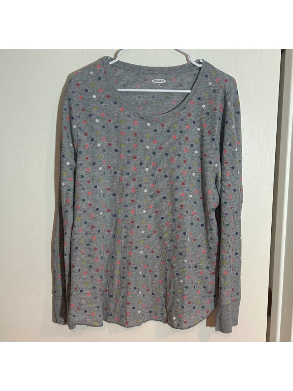 Old Navy Womens XXL Gray Polka Dot Waffle Knit Thermal Long Sleeve Shirt Top